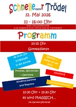 Plakat für einen Flohmarkt in Schnellenbach.
Der Flohmarkt ist am 31. Mai 2026 an der evangelischen Kirche / Kita der Johanniter.
Es gibt Dinge für Kinder und Erwachsene zu kaufen.
Es gibt auch Kaffee und Kuchen, Pommes, Würstchen und Softdrinks.
Ein Gottesdienst beginnt um 10:15 Uhr.
Für Kinder und Erwachsene gibt es ein Programm.