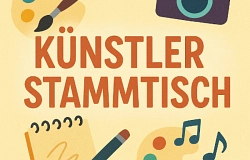 Künstler-Stammtisch mit kreativen Symbolen